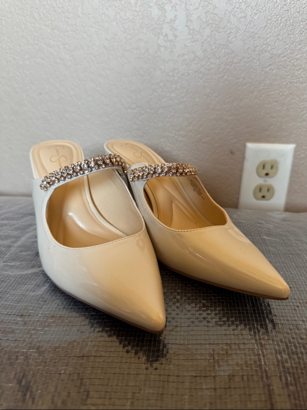 Jessica Simpson Cream Patent Pointed-Toe Mule with Crystal Strap